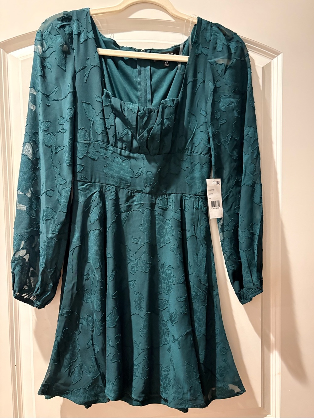 Dark Forest Green Floral-Texture Long Sleeve Mini Dress